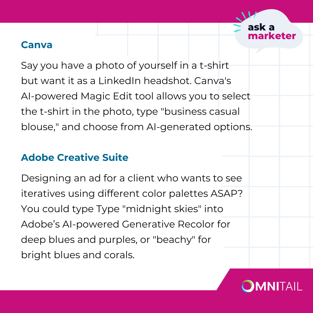 Omnitail_LLC's tweet photo. How does AI impact design? 🎨 

Find out how Adobe and Canva have integrated AI-powered features in our latest #AskAMarketer post. 👉  https://t.co/vqr5yYLvHg

#Design #Branding #AI #AdobeFirefy #MagicStudio #Canva #Marketing #eCommerceMarketing #GraphicDesign #Creative https://t.co/3z946ZpbfC