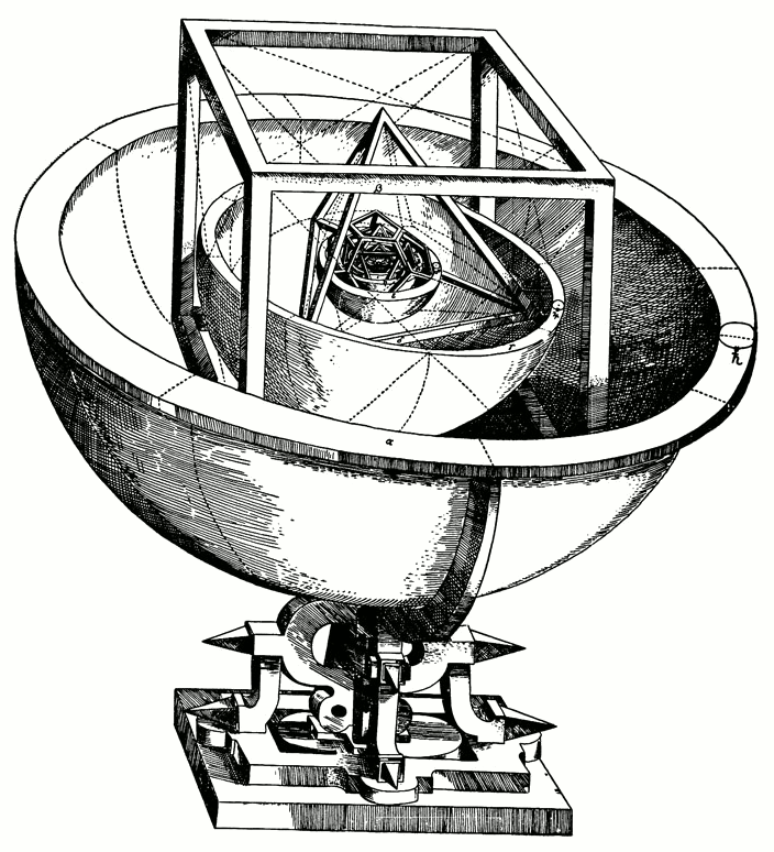 This is a detailed black-and-white line drawing depicting Kepler's Platonic solid model of the solar system. It is an intricate geometric sculpture featuring nested shapes, primarily triangles and squares, inside a spherical framework. The base of the sculpture includes mechanical components suggesting movement or adjustability. The design combines aspects of architectural drafting and optical illusions, emphasizing a complex three-dimensional perspective.