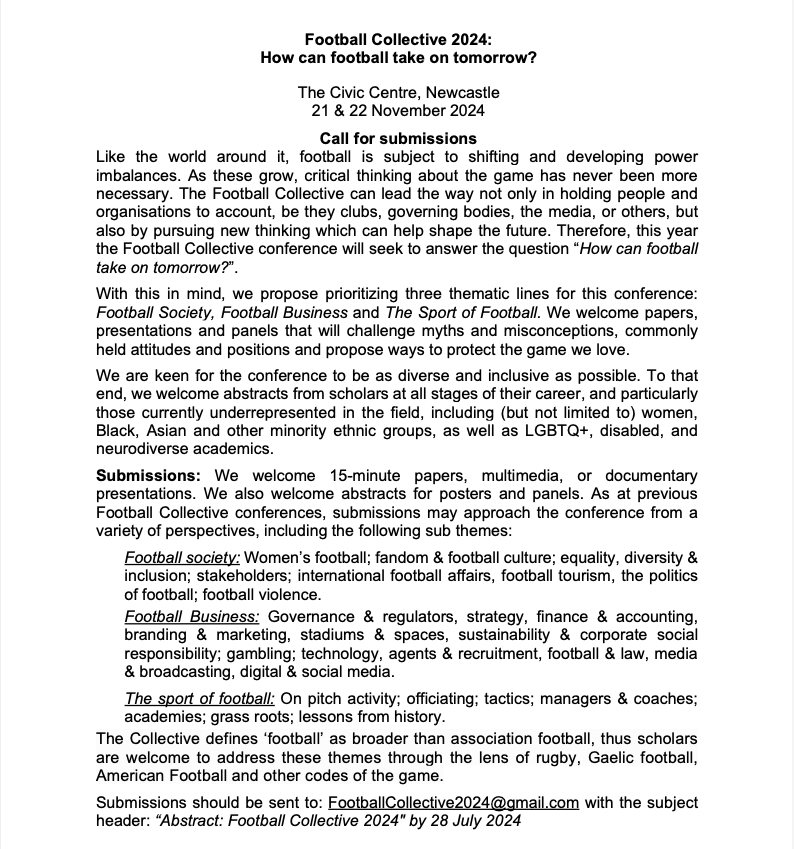 🚨 Just 10 days left to submit your abstract for our 2024 Conference: How Can Football Take on Tomorrow? We already have submissions from Brazil, France, Ireland, Japan, Malta, Spain, The Netherlands &amp; the UK. Why not join the conversation? 
📅 21 &amp; 22 Nov
📍Newcastle
👇CFP info
