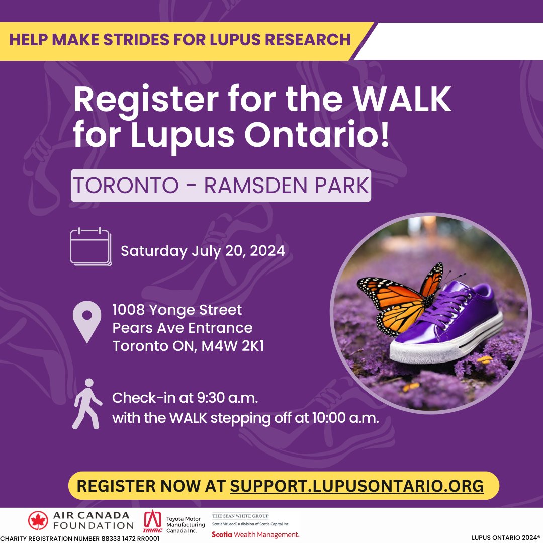 The WALK for TORONTO is taking place TOMORROW at 9:30am!👣
All details are on the poster!

Register yourself to be a part of the of the WALK or participate by being a volunteer. Its not to late to register! Head over to SUPPORT.LUPUSONTARIO.ORG to register!

#WALK4LupusOntario