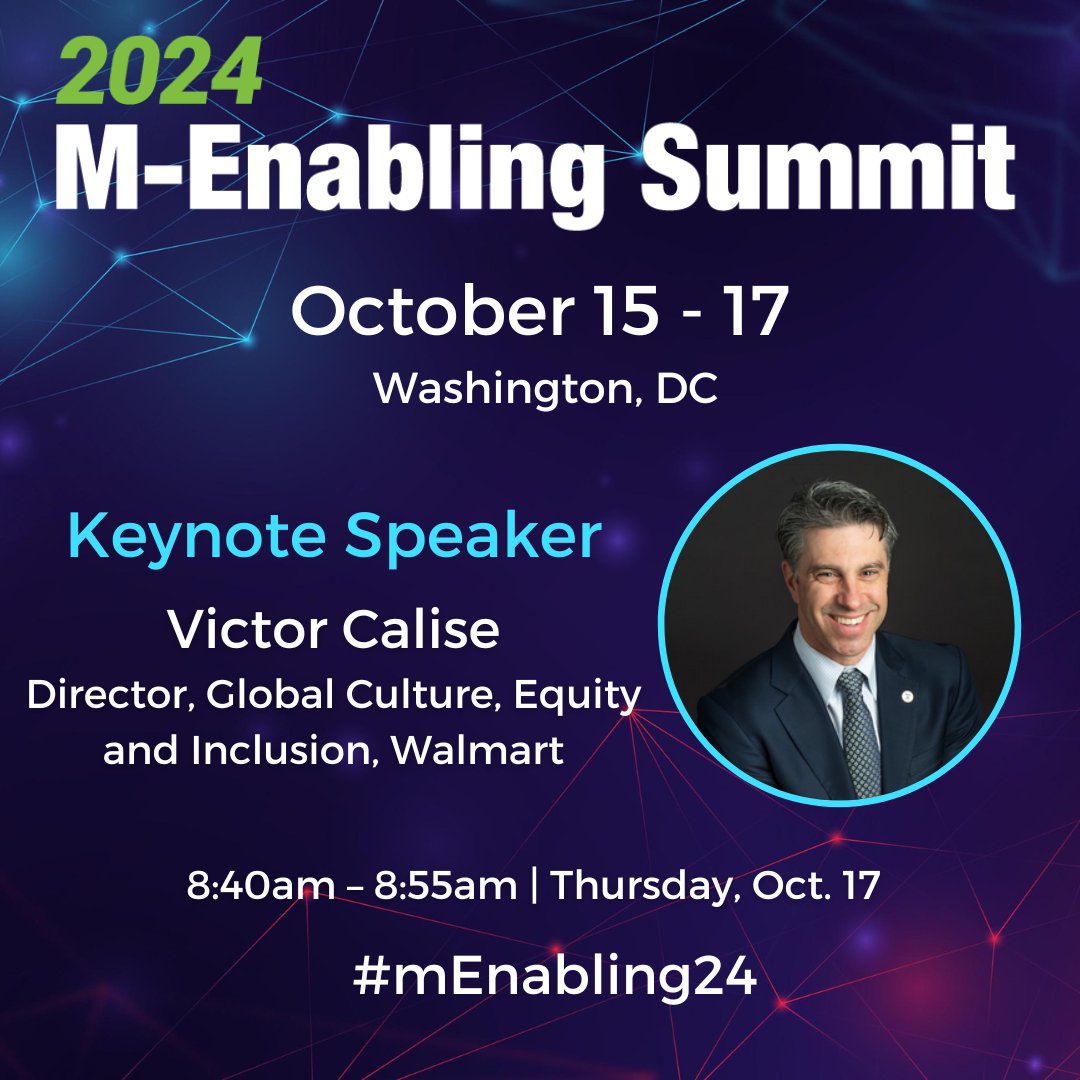 The 12th Annual M-Enabling Summit is honored to welcome Victor Calise, Director of Global Culture, Equity, and Inclusion at Walmart, as our Keynote Speaker. 

Info: m-enabling.com

Register: lnkd.in/esg2f5Rv 

#AccessibilityLeadership #AccessibilityAdvocate