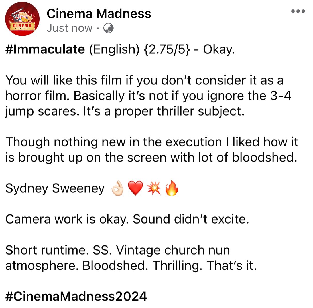 CinemaMadness24's tweet photo. #Immaculate (English) {2.75/5} - okay.

#ImmaculateReview #ImmaculateVibes 
@sydney_sweeney 💥❤️😍 https://t.co/UDaSzDzecp