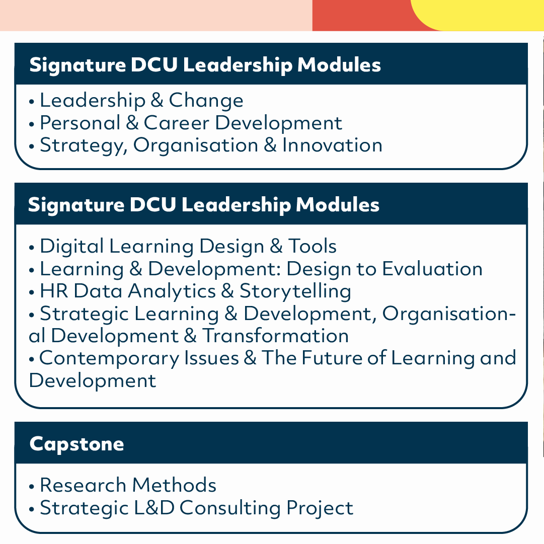 Delve into <a href="/DCU/">Dublin City University</a>'s Master of Science in Strategic Learning and Development programme, a collaboration with the prestigious Learning &amp; Development Institute.

For more information on this innovative programme, please visit: eu1.hubs.ly/H09-rv50