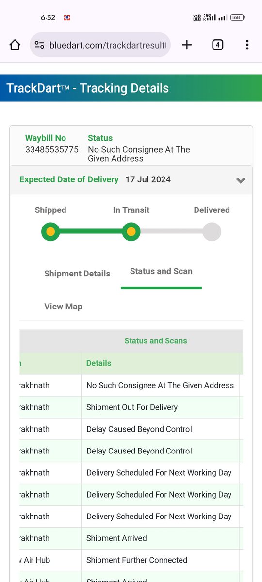 ManjarHusain4's tweet photo. @BlueDart_ @BlueDartCares 
Very disappoint no one visited and not any call received from your team.
And delivery failed reason :- " No Such Consignee at the Given Address"
AWB- 33485535775 https://t.co/kpIwig7Ide