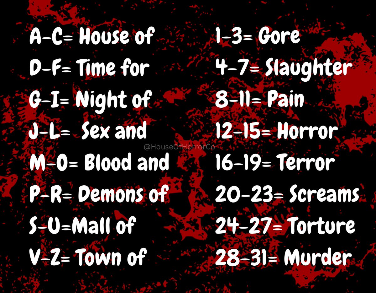 HouseOfHorrorCo's tweet image. 𝐖𝐡𝐚𝐭’𝐬 𝐭𝐡𝐞 𝐧𝐚𝐦𝐞 𝐨𝐟 𝐲𝐨𝐮𝐫 𝐇𝐨𝐫𝐫𝐨𝐫 𝐟𝐢𝐥𝐦? 🎬

First = First letter of you name

Second = Day of birth