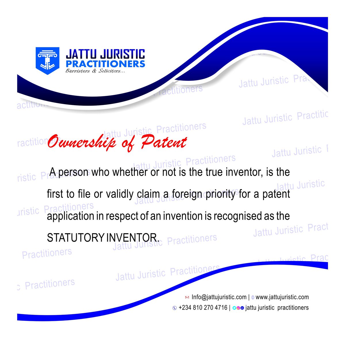 Jattu_Juristic's tweet photo. File a patent application for that invention and become the statutory inventor.

#invention #inventor #statutory #ipl #patent #patentattorney #ipreview #innovation #innovative #nigeria #africa 
Microsoft Global IT Dangote Leeds Ayo Maruf #FayeYoko https://t.co/8jqMtavAKz