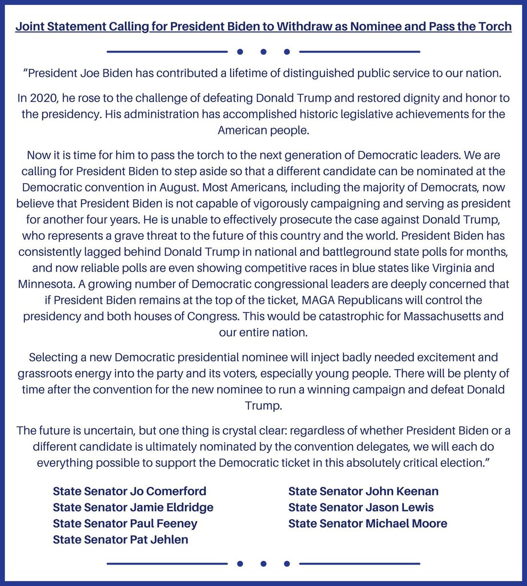 JamieEldridgeMA's tweet photo. Joint Statement Calling for President Biden to Withdraw as Nominee and Pass the Torch #mapoli https://t.co/6nWX02kMVT