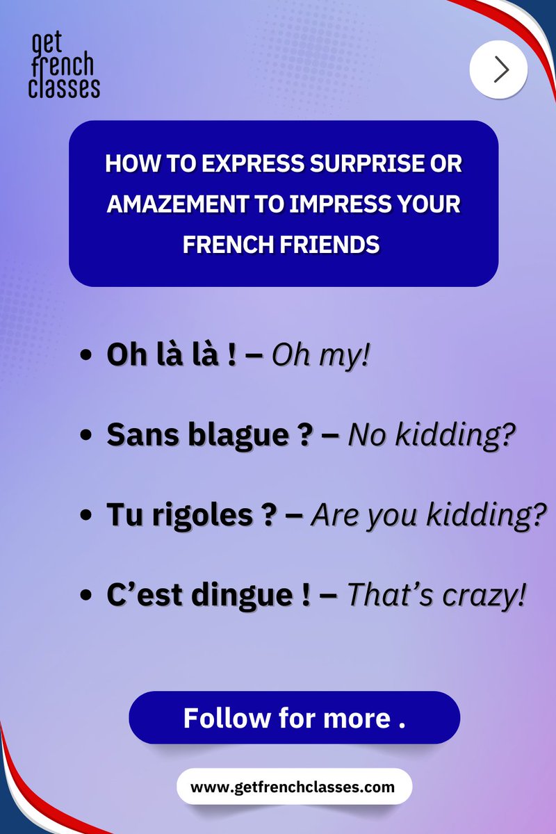gfclasses's tweet photo. 🇫🇷😲 How to Express Surprise or Amazement in French to Impress Your Friends! 😲🇫🇷

* Oh là là!
* Ça alors!
* Sans blague?
* C’est dingue!

#LearnFrench #ParisianFrench #SpeakLikeANative https://t.co/8eThbOCmv7