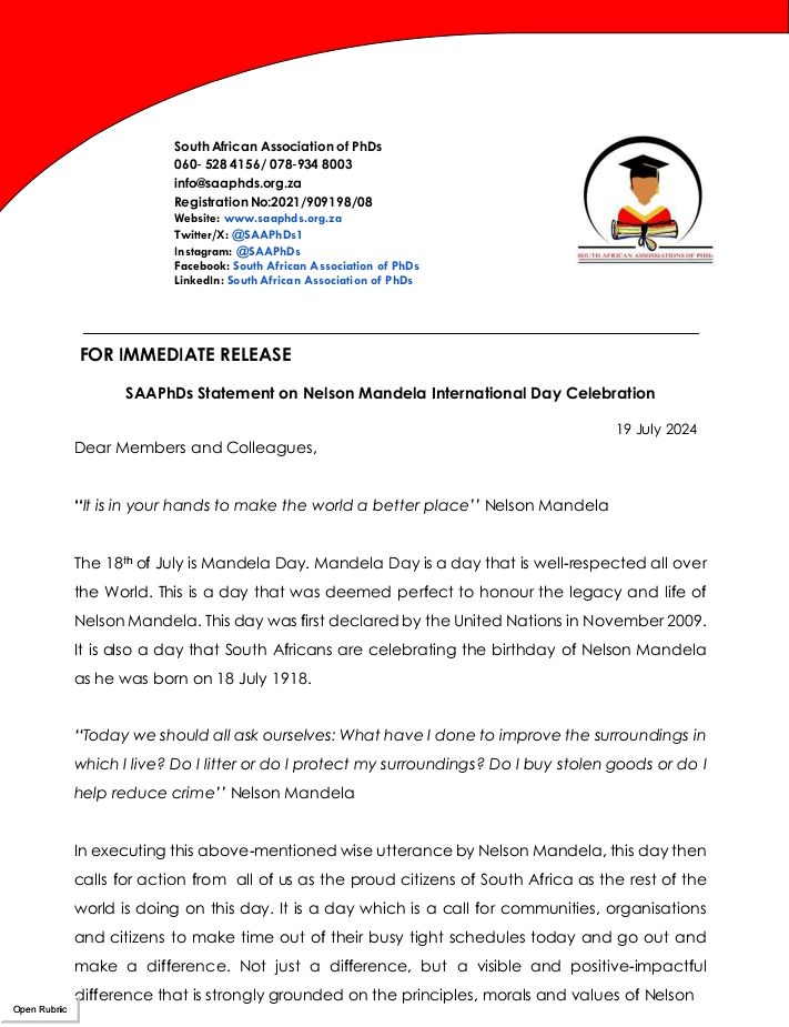 SAAPhDs1's tweet photo. FOR IMMEDIATE RELEASE
SAAPhDs Statement on Nelson Mandela International Day Celebration https://t.co/ysnjbV2AN6