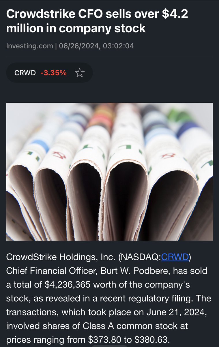0xmohd's tweet photo. 🚨 CrowdStrike executives have dumped over $10 million (~$11,494,747) worth of $CRWD stock in the past three weeks.

#CrowdStrike https://t.co/iz8WL4gY6I