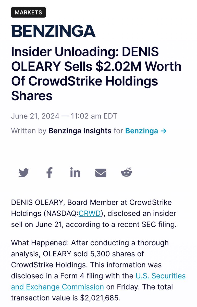 0xmohd's tweet photo. 🚨 CrowdStrike executives have dumped over $10 million (~$11,494,747) worth of $CRWD stock in the past three weeks.

#CrowdStrike https://t.co/iz8WL4gY6I