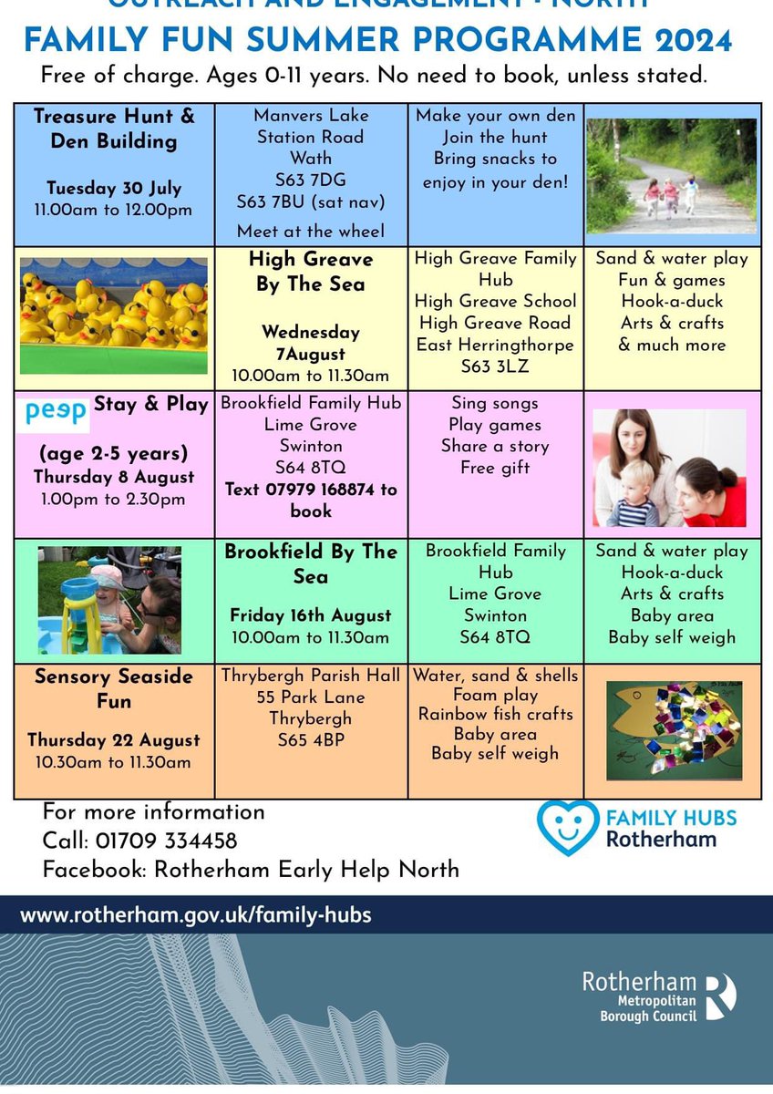 Michael89319164's tweet image. SUMMER FUN FOR 0-11 YEAR OLDS IN THE WARD with @EarlyHelpRoth 

August 7th High Greave by the sea

August 22nd Sensory Seaside Fun in Thrybergh

See poster below for contacts and booking