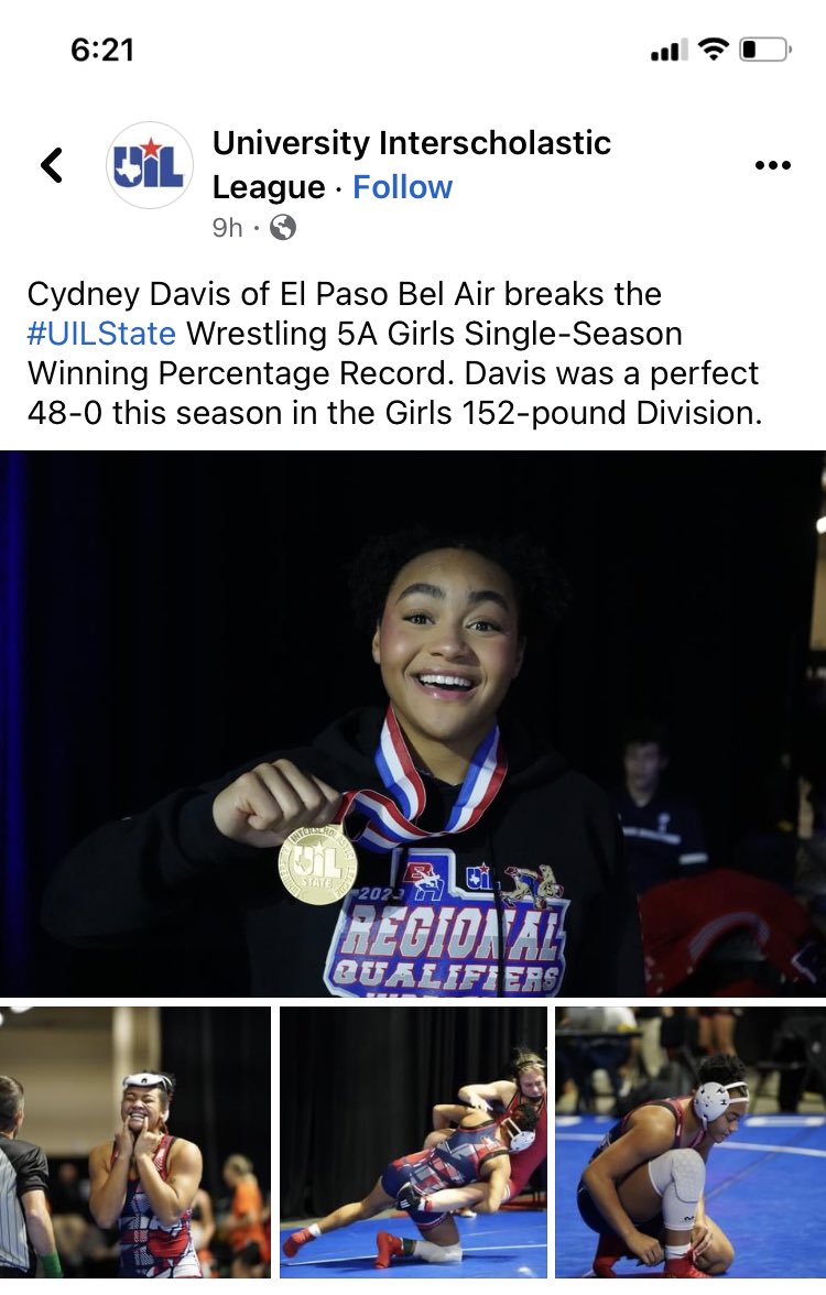 DavisKl15's tweet photo. If i told you a Jr. athlete in 2 years has won 2 Dist.&amp; 2 Regional titles, 3rd and 1st in State and set a new Texas State record 48-0. School built in 1957, NEVER has had an AA Female State Champion and only 3 INDV St. champs in school hist. Why is she not on the gym wall? Hmm. https://t.co/rVlLw8ElLY