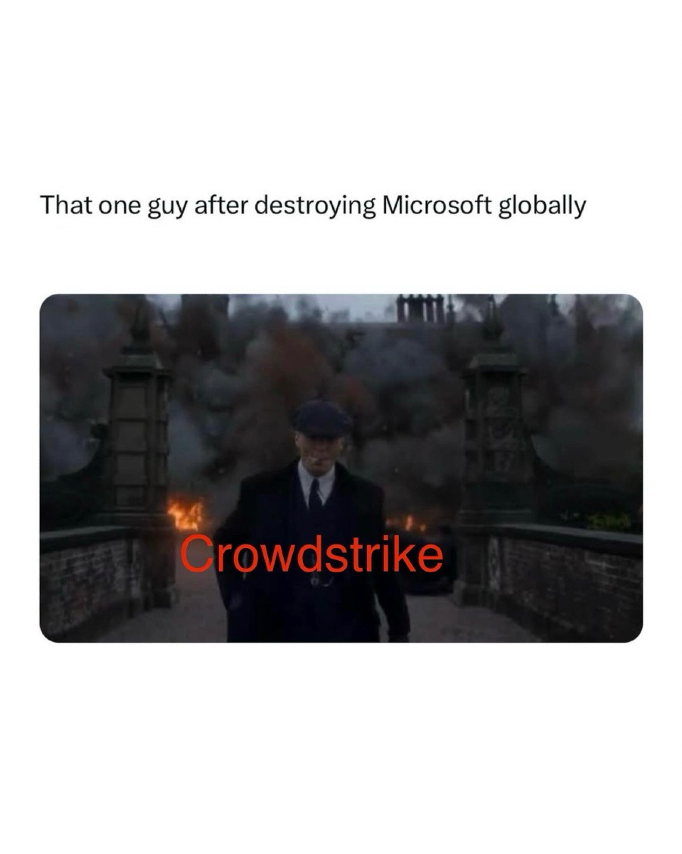 certbar's tweet photo. Tragically it is historical event of the day.

Airports, Stock markets, banks and IT shutdowns.

Happy holidays everyone.

#cybersecurity #crowdstrike #bluescreen #windowscrash #updategonewrong #accidentalransomware #cybersecuritymemes https://t.co/KhTkLMa6uv