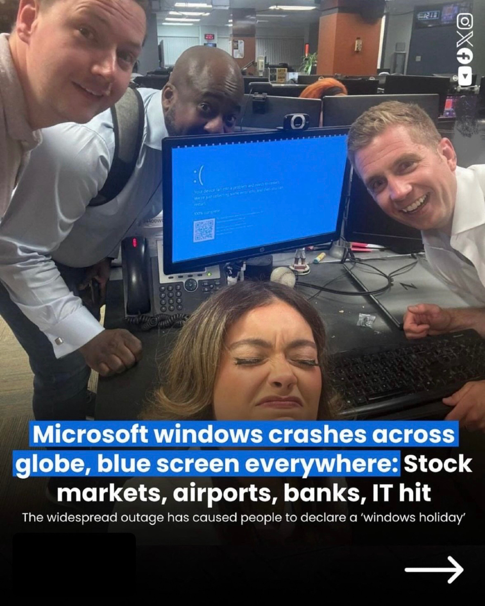 certbar's tweet photo. Tragically it is historical event of the day.

Airports, Stock markets, banks and IT shutdowns.

Happy holidays everyone.

#cybersecurity #crowdstrike #bluescreen #windowscrash #updategonewrong #accidentalransomware #cybersecuritymemes https://t.co/KhTkLMa6uv