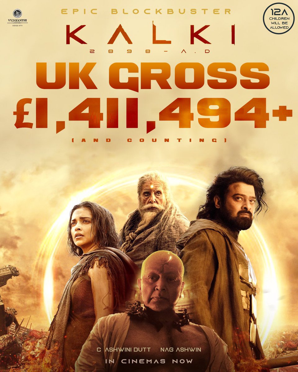 ManyuCinemas's tweet photo. The success story continues!😍😍🥳🥳#Kalki2898AD has grossed £1,411,494+ in the UK! 🇬🇧
Don’t miss this #EpicBlockbusterKalki running successfully in theatres near you… 🔥🔥🔥
Release By @TeamDreamZE
#Kalki2898AD #ForTomorrow #RepatiKosam #Prabhas #NagAshwin #DeepikaPadukone #AmitabhBachchan #KamalHassan #Kalki2898ADinUK @VyjayanthiFilms @Kalki2898AD