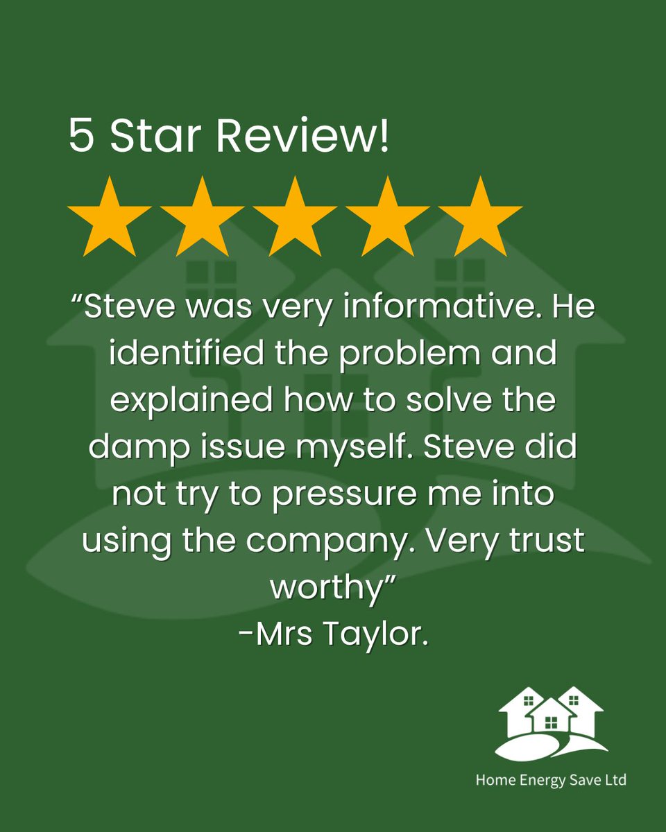 ⭐️⭐️⭐️⭐️⭐️

Well done to our surveyor Steve for such a great review! 🤩

😄 We don't do pressure here at Home Energy Save, we give honest advice to help you fix issues in your property.

Got a damp issue? 📲 Click this link to book your FREE survey - homeenergysaveuk.co.uk/#contact