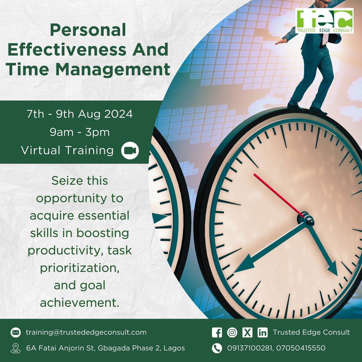Trustededge's tweet photo. We are delighted to extend an exclusive invitation to you for our upcoming VIRTUAL training sessions on;

1. Market Penetration and Acquisition Skills: 31st July – 2nd August 2024.
2. Personal Effectiveness and Time Management: 7th – 9th August 2024.

Time: 9:00 am – 3:00 pm https://t.co/uR3naMTgmr