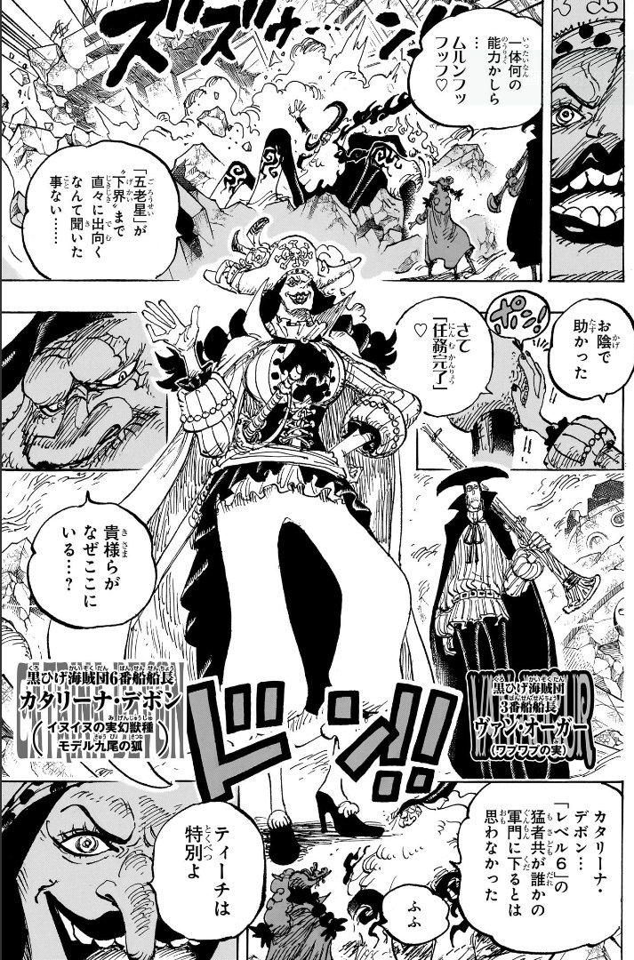 「強いが美人じゃない中年女性キャラ」、ONEPIECE黒ひげ海賊団のカタリーナ・デボンは多分当てはまるんだけど活躍がまるで描かれない問題。 