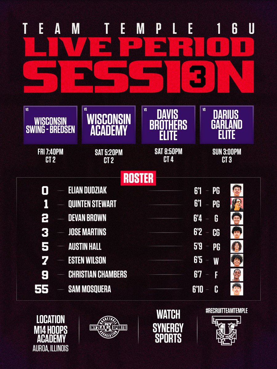 TempleLifeHoops's tweet photo. NY2LA “The Final Chapter” Live Period 3️⃣
📍Aurora, IL
SCHEDULES & ROSTERS 📈
College coaches make plans to attend & DM us!📩
Watch our games in the NY2LA Summer Jam on @SynergySST
#RecruitTeamTemple #TempleWayOrNoWay https://t.co/NJISZqBYaw