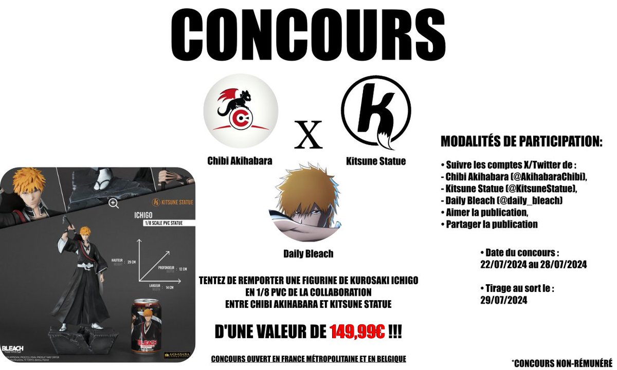 daily_bleach's tweet photo. CONCOURS

@AkihabaraChibi x @KitsuneStatue x @daily_bleach 

Tentez de remporter une figurine de Kurosaki Ichigo issue de la collaboration entre Chibi Akihabara et Kitsune Statue !

• Suivre : @AkihabaraChibi, @KitsuneStatue et @daily_bleach 
• Aimer et RT le post !

#BLEACH https://t.co/gIW0uz5dmh