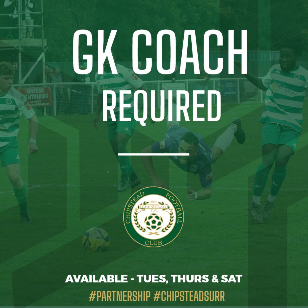 GK KEEPER COACH REQUIRED FOR THE 1st TEAM. ROLE WILL REQUIRE AVAILABILITY MINIMUM TWICE A WEEK. 

SURREY BASED CLUB, GREAT FACILITIES AND TEAM. 

DM US OR <a href="/fevrier_justin/">JUSTIN FEVRIER 🇩🇲</a> FOR MORE INFORMATION 

⚽️ 🧤 #GKCOACH #chipsteadfc #chipsteadfcsurrey