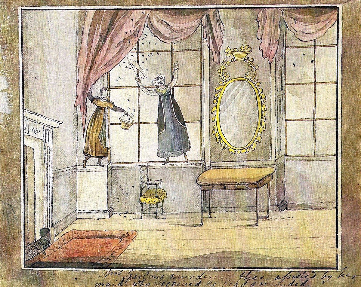 Sometimes a print has just the perfect title. And this is one of those times:

“Mrs Sperling murdering flies — assisted by her maid, who received the dead and wounded.”

 — By the inimitable Regency artist Diana Sperling.