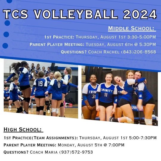 Volleyball season is quickly approaching! Please contact Coach Maria (for high school) or Coach Rachel (for middle school) if you are interested in participating!