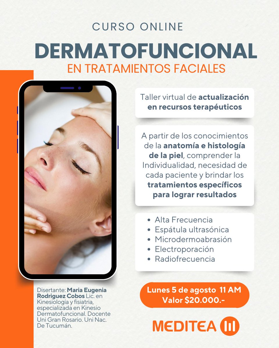 Curso Online DERMATOFUNCIONAL EN TRATAMIENTOS FACIALES

Destinado a: #Kinesiólogos y títulos afines

Inscripción residentes en argentina  $20.000 📷 meditea.com/dermatofuncion…

Inscripción residentes en el exterior U$S 25 📷 meditea20240805.eventbrite.com.ar