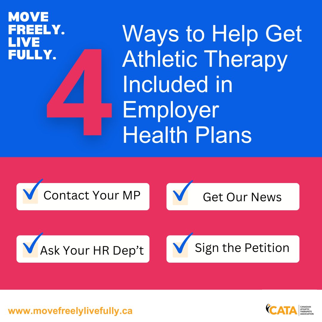 MoveFreelyCA's tweet photo. There are 4️⃣ ways you can support the Move Freely | Live Fully campaign to ensure Athletic Therapy is included in employer health plans. https://t.co/c4jdORp5R9
#MoveFreelyLiveFully #AthleticTherapy @CATA_Canada https://t.co/QmVAA56qmW