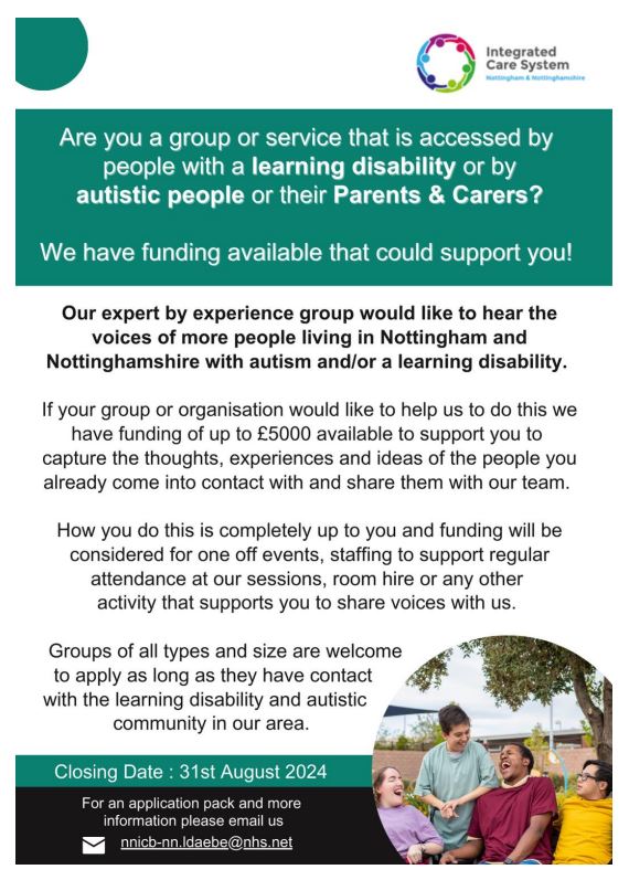 If you have a #LearningDisability / #Autism or a Parent/Carer of someone who has either.
Or you are a group/service accessed by the above, Integrated Care would like to hear from you. 
Please see attached for more details.
#carers #nottingham #integratedcare