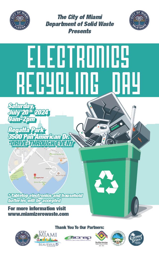 MiamiZeroWaste's tweet photo. Miami Residents! Free E-Waste Drive-Thru Event at Regatta Park is happening TOMORROW, July 20th, 9am-2pm. Recycle electronics, light bulbs, & batteries responsibly. Letโs work together to make a difference!! #electronicsrecyclingday #miamirecycles #ewaste #keepmiamibeautiful ๐โค๏ธ https://t.co/OOOE5wHiIh