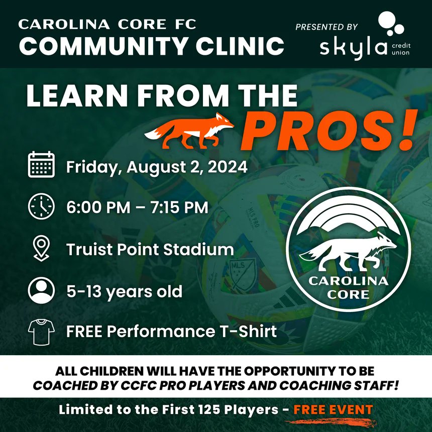 CarolinaCore_FC's tweet photo. Carolina Core FC is excited to launch our Community Clinic Series on Friday, August 2, 2024 at Truist Point Stadium. This free clinic, presented by Skyla Federal Credit Union, will be run by CCFC Academy Coaches, JC Martinez and Andy Williams, alongside CCFC Academy Director, David Upchurch. Carolina Core FC professional players will work alongside the star-studded staff to create an elite atmosphere for our community clinic participants! This is an exciting opportunity to play inside MLS NEXT Pro's newest professional stadium!

Register here: https://t.co/lU1hrdsKPo

Special thanks to our Official Community Clinic Partners:

Beco Inc.
DeLille | Field Commercial Real Estate
@deutermanlaw 
@skylafcu 
@stratagonInc