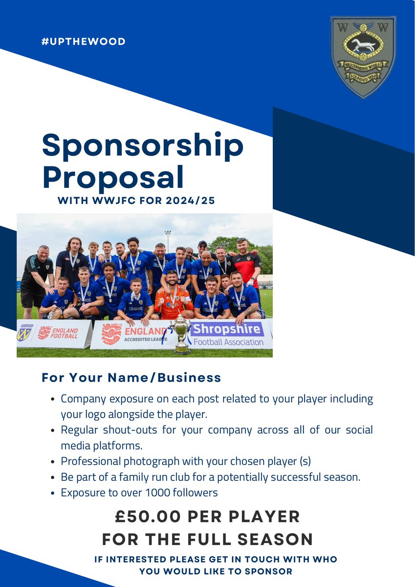 Sponsorhip Opportunity | ⬇️

If you would like to get involved with the club this year by sponsoring an individual player, or players then please read the below and get in touch.

Any help is really appreciated ⚽️

#UpTheWood 🪵💙
