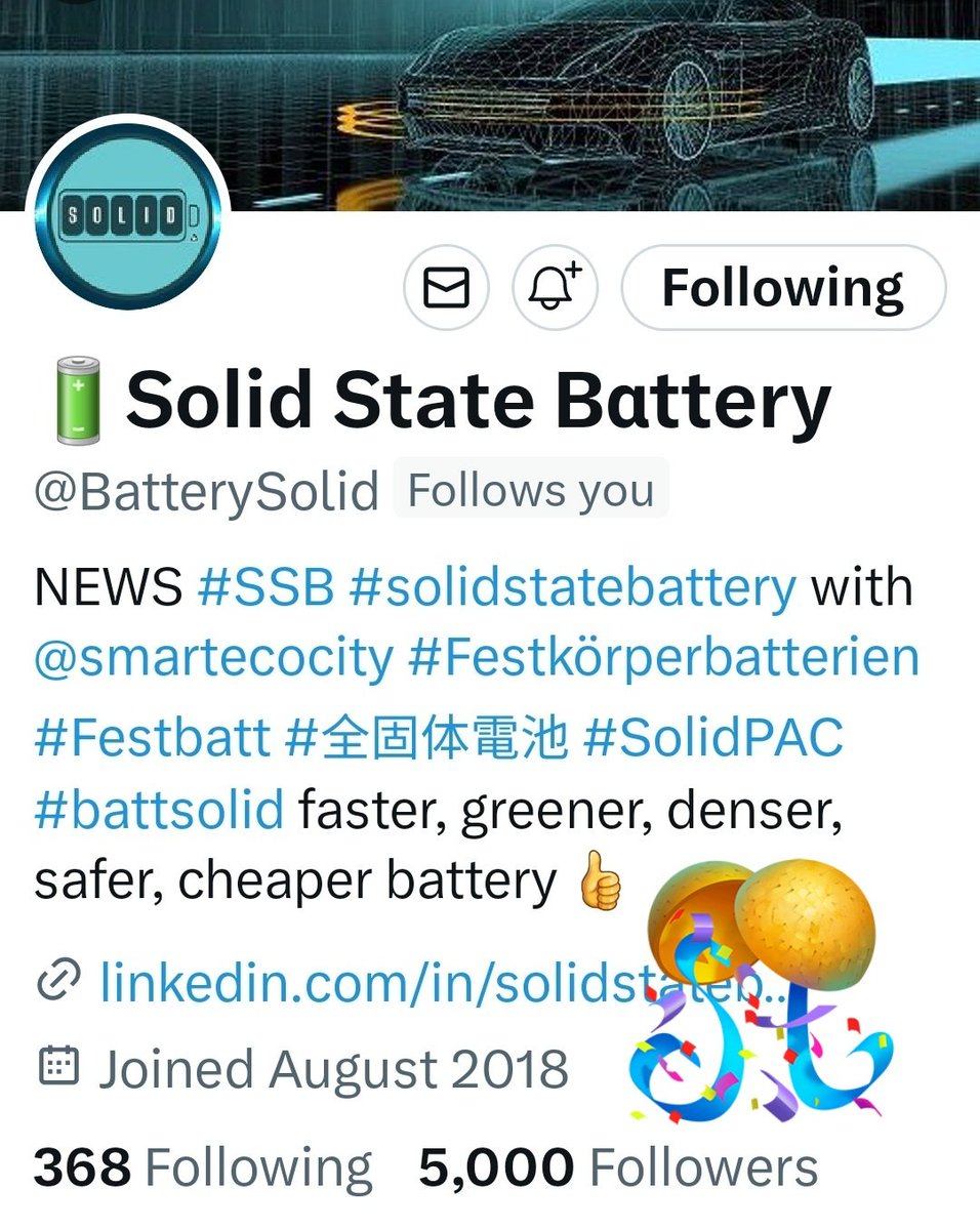 BatterySolid's tweet photo. 🔋🙏5️⃣0️⃣0️⃣0️⃣ #solidstatebattery #followers, Thank you #battery community.
#battchat #battsolid #batterytwitter https://t.co/WcErRsBC8I