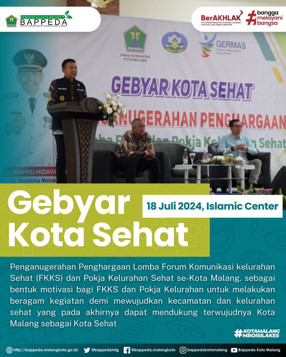 bappedamlg's tweet photo. #NawakNgalam &amp; #NawakPerencana
Kepala Bappeda menghadiri kegiatan Gebyar Kota Sehat Kota Malang Tahun 2024 serta Penganugerahan Penghargaan Lomba Forum Komunikasi kelurahan Sehat dan Pokja Kelurahan Sehat se-Kota Malang, bertempat di Gedung Islamic Center Kota malang. https://t.co/iY3dcBJQcU