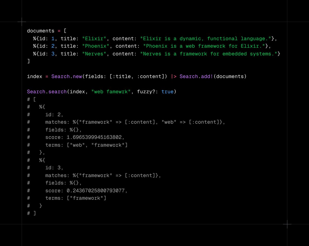 ElliotEKJ's tweet photo. ✨ Full-text search in @elixirlang, now with fuzzy search!

This was the last feature planned for 1.0.

Try it out: https://t.co/PhKrgmTjF8

#MyElixirStatus https://t.co/lQsrcvil2N