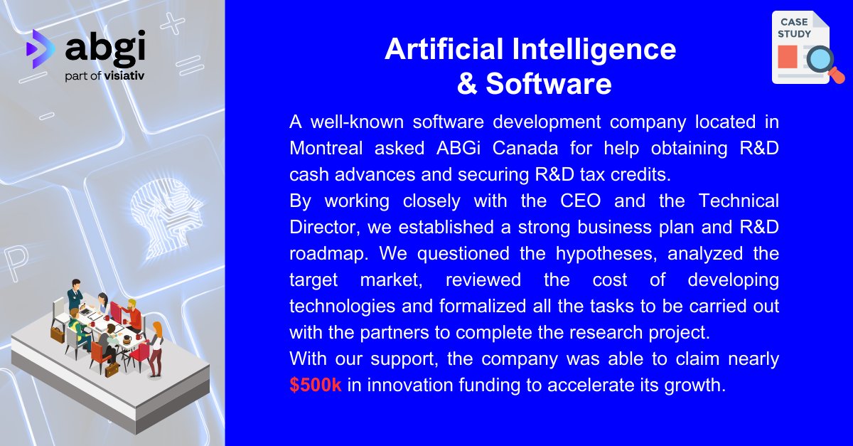 AbgiCanada's tweet image. Discover how our expert team helped claim $𝟓𝟎𝟎𝐤 innovation funding for a software company in this case study.
Contact us if you have any questions or need further assistance!

#RandD #SRED #CanadaTaxCredit #BusinessFunding #GovernmentGrant #CanadaBusiness #Innovation