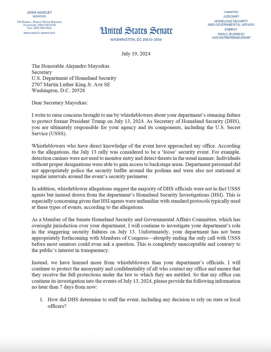 HANKonX's tweet image. NEW: Whistleblowers slam DHS for 'stunning failure' to protect Donald Trump at Butler, Pennsylvania rally.

According to republican senator Josh Hawley, it was revealed that massive security blunders occurred at Trump’s rally last Saturday. 

• Detection canines weren't used as