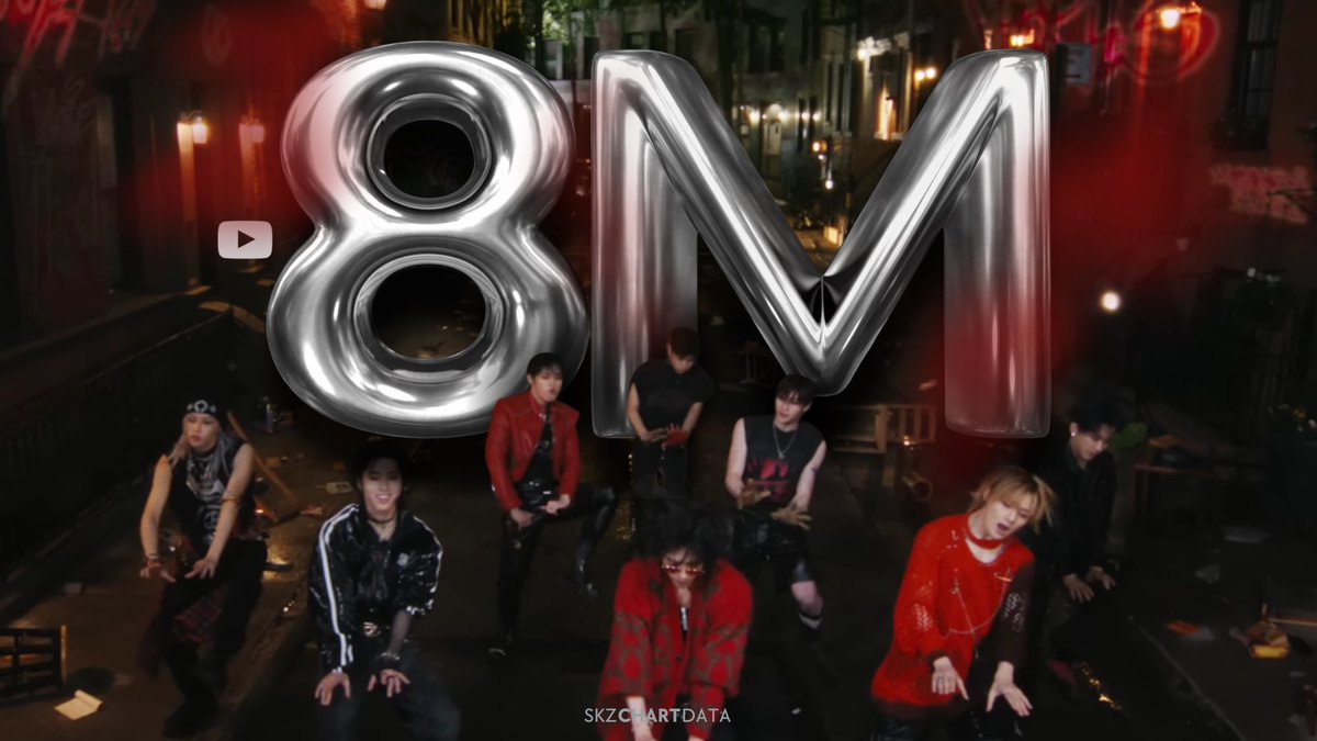 "Chk Chk Boom" M/V has now surpassed 8,000,000 (8M) views on YouTube. It is their fastest M/V to surpass this milestone!

#1 Chk Chk Boom — 9h 35min 🆕️🥠
#2 S-Class — 12h 6min
#3 LALALALA — 12h 27min

▶️ youtu.be/0P0aQreFs8w

<a href="/Stray_Kids/">Stray Kids</a> #StrayKids #스트레이키즈