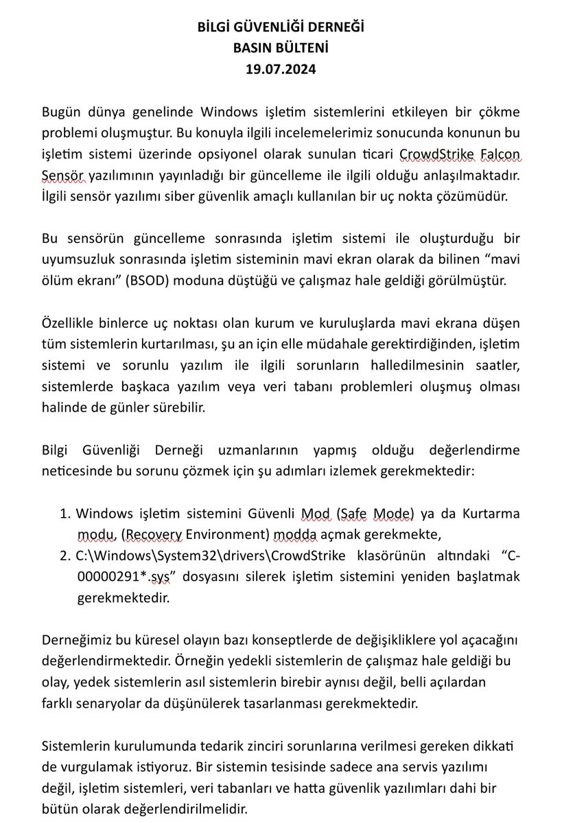 Crowdstrike ürünün neden olduğu Windows çökmesi dünyada milyonlarca bilgisayarı kullanılamaz hale getirdi.  Kritik altyapılarda yerli ve milli çözümlerin tercih edilmesinin önemi bir kez daha ortaya çıkmıştır.

İlgili basın bültenimiz: bilgiguvenligi.org.tr/2024/07/19/bil…

#Crowdstrike