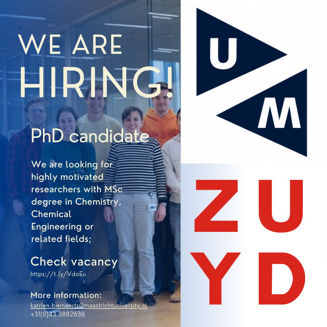We are hiring! Together with Zuyd University of Applied Sciences we are looking for a PhD candidate to work on renewable and recyclable polymer networks to be applied in additive manufacturing. t.ly/VdoEu