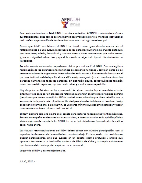 Hoy en el aniversario #14INDH nuestra reflexión y saludo <a href="/anefchile/">ANEF</a> <a href="/RINDHCA/">RINDHCA</a> <a href="/inddhh/">INDH Chile</a>  <a href="/Cooperativa/">Cooperativa</a> <a href="/Cooperativa/">Cooperativa</a> <a href="/adnradiochile/">Radio ADN</a> <a href="/latercera/">La Tercera</a>