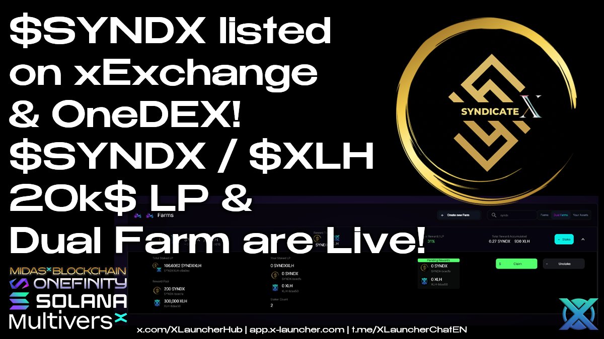$SYNDX Listed &amp; Dual Farm is Live! 🔥

The $SYNDX token is low listed on <a href="/xExchangeApp/">xExchange ⚡</a> and <a href="/OneDex_X/">OneDex</a>! Also on <a href="/OneDex_X/">OneDex</a> you can find a Dual Farm with $SYNDX / $XLH, with 30% APR! 

swap.onedex.app/farm

<a href="/PulsarTransfer/">PulsarTransfer</a> send 100000 MEX to 100 reactions
#MultiversX #Solana #XLH