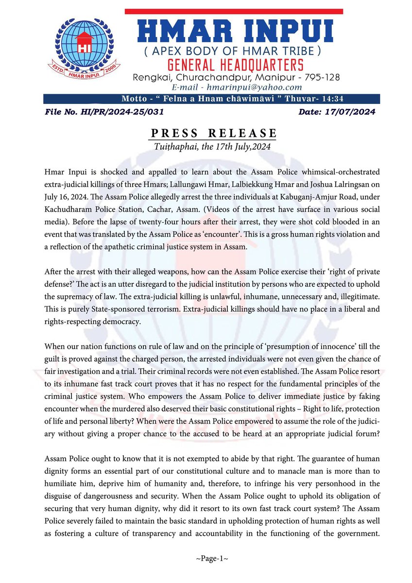 alanthiek's tweet photo. Hmar Inpui's press release  on the extra-judicial killings of 3 Hmars by Assam Police in Cachar, Assam. This @himantabiswa's Assam @dhruv_rathee @AJEnglish @zoo_bear @the_hindu @RahulGandhi @Polytikles @UNHumanRights @jeegujja @realDonaldTrump @GauravGogoiAsm https://t.co/mPh4PaNTKC