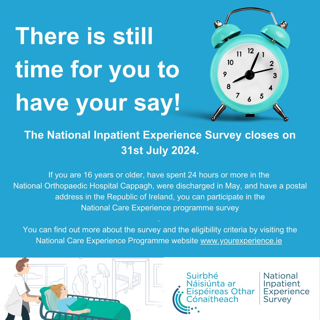 National Orthopaedic Hospital Cappagh (@nohcorthopaedic) on Twitter photo You still have time to tell us about your <a href="/careexperience/">National Care Experience Programme</a> <a href="/NOHCOrthopaedic/">National Orthopaedic Hospital Cappagh</a> by completing the National Inpatient Experience Survey <a href="/HIQA/">HIQA</a> <a href="/HSELive/">HSE Ireland</a>. Visit yourexperience.ie. You still have time to tell us about your <a href="/careexperience/">National Care Experience Programme</a> <a href="/NOHCOrthopaedic/">National Orthopaedic Hospital Cappagh</a> by completing the National Inpatient Experience Survey <a href="/HIQA/">HIQA</a> <a href="/HSELive/">HSE Ireland</a>. Visit yourexperience.ie.