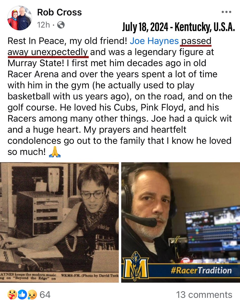 JonelessHomes's tweet photo. Joe Haynes 💉🪦
#FullyVaccinated #DiedSuddenly
(July 2024) 🇺🇸 Kentucky 

“I Got My Covid-19 Vaccine.”

“Rest In Peace, my old friend! Joe Haynes passed away unexpectedly and was a legendary figure at Murray State!”

https://t.co/hk1pPO6ocI https://t.co/RkFTpfQG6r