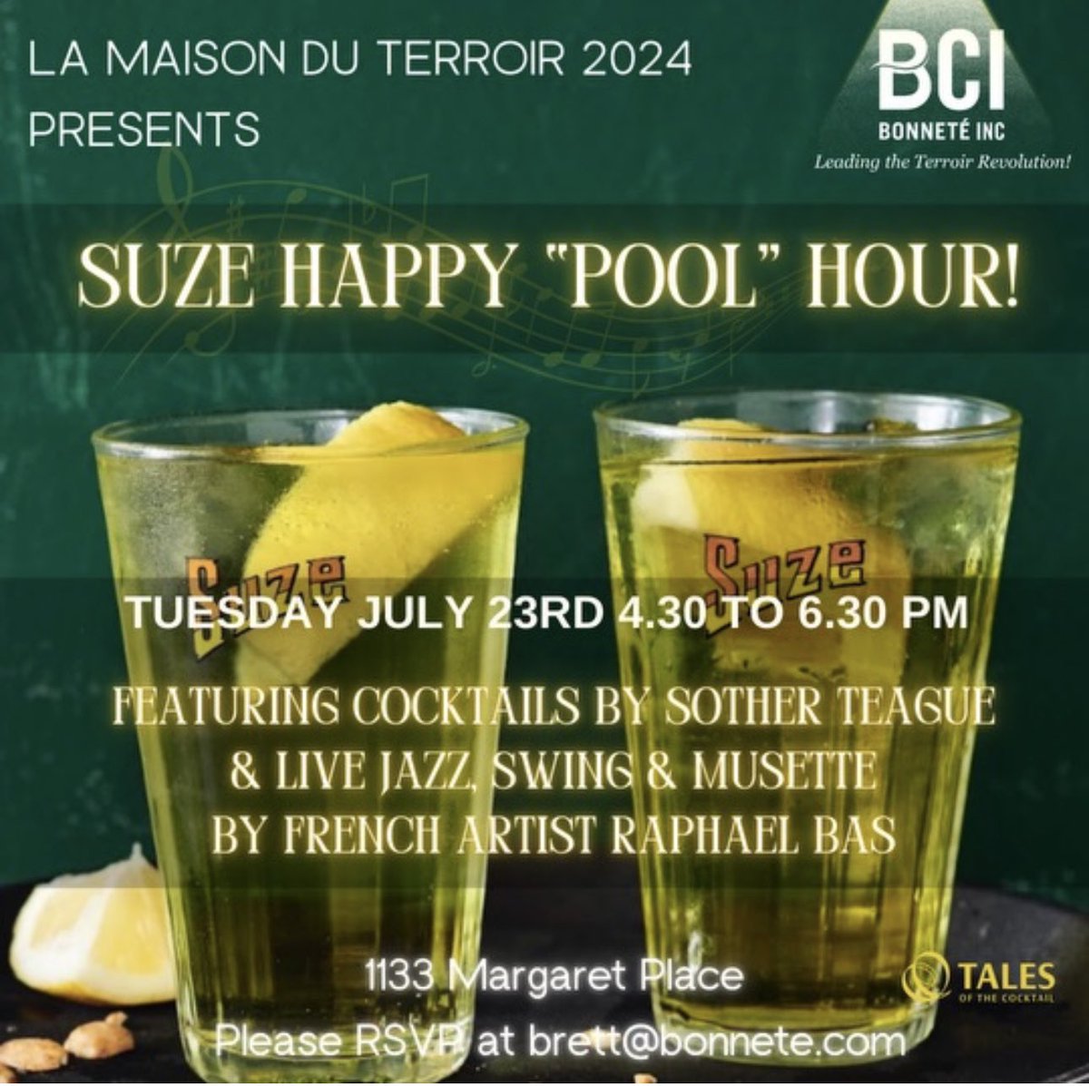 Looking forward to welcoming you during #talesofthecocoktail 2024 at our “BCI Maison du Terroir” starting with our annual “Suze live Jazz” happy hour on Tuesday July 23rd at 4.30 pm! #totc #totc2024 #talesofthecocktail2024 #suze #pernodricard #bitters #nola