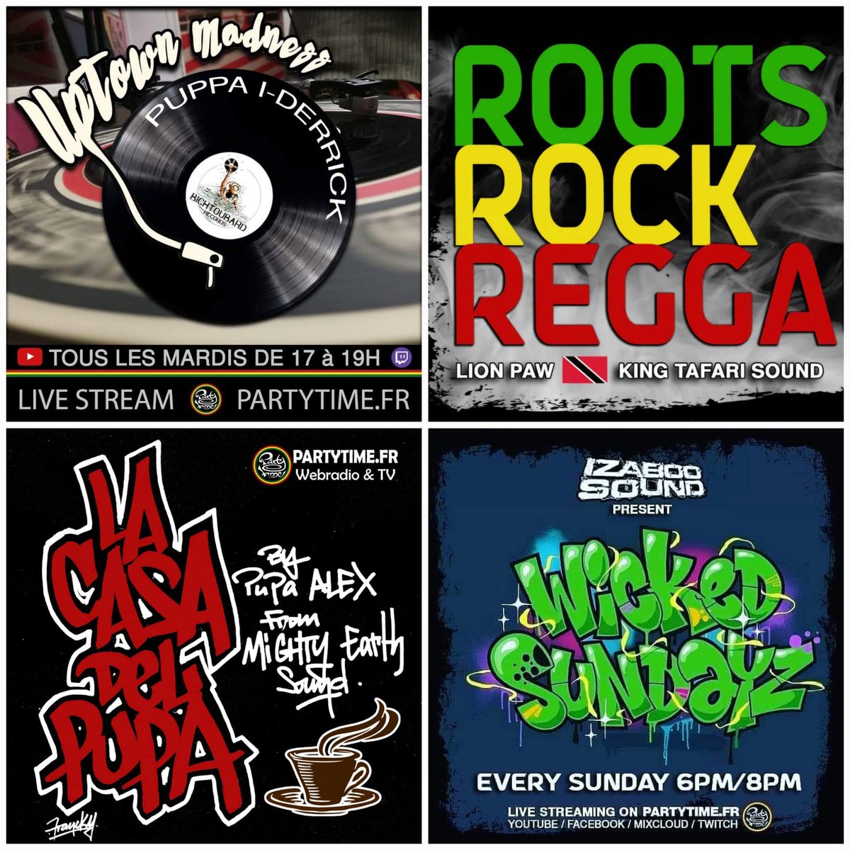 #THANKYOU !!! on voulait remercier nos 4 émissions qui vous offrent des directs toutes les semaines.
Big up Puppa I-Derick du Uptown Madness Radio Show , Lion Paw du Roots Rock Reggae show, Puppa Alex de La casa del puppa, et Izaboo Sound du Wicked Sundayz Radio Show .