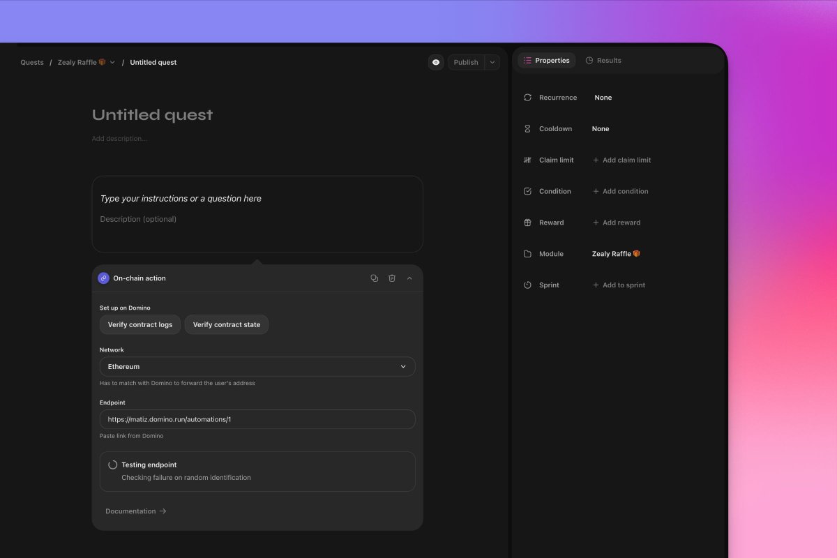 If you want to increase your transaction volume, TVL, and other on-chain metrics for your web3 project, read this 👀

In collaboration with <a href="/get_domino/">Domino</a>, we've launched a 🆕 On-Chain action task to automatically verify smart contract interactions and contract states. ✨

Here’s a